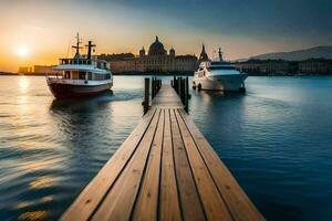 boats docked at the pier in front of a city. AI-Generated photo