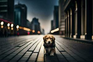a dog is standing on a street in the city. AI-Generated photo
