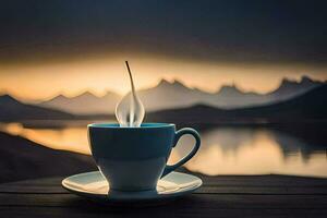 a cup of coffee on a wooden table with mountains in the background. AI-Generated photo