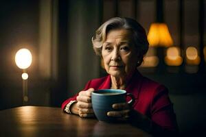 un más viejo mujer participación un taza de café. generado por ai foto