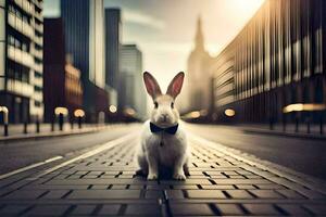 a rabbit wearing a bow tie sitting on a street. AI-Generated photo