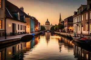 a canal with boats in the middle of a city. AI-Generated photo