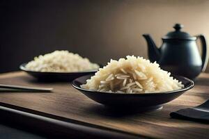 a bowl of rice and a teapot on a table. AI-Generated photo