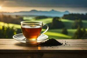 a cup of tea on a wooden table with a view of the mountains. AI-Generated photo