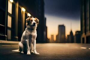 un perro sentado en el calle a oscuridad. generado por ai foto