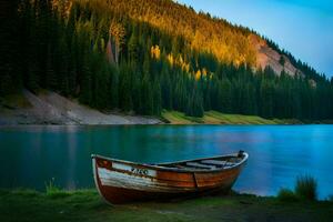 un barco se sienta en el apuntalar de un lago. generado por ai foto