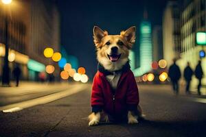 a dog wearing a red jacket sitting on the street. AI-Generated photo