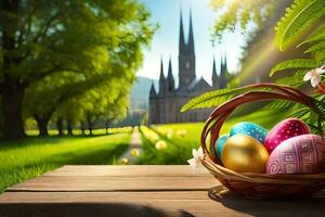easter eggs in a basket on a wooden table in front of a church. AI-Generated photo