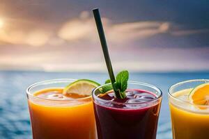 three glasses of juice with a sunset in the background. AI-Generated photo