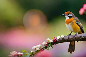 a colorful bird sits on a branch with flowers. AI-Generated photo