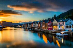 vistoso casas línea el agua a puesta de sol en Noruega. generado por ai foto
