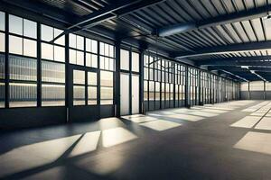 an empty warehouse with large windows and lots of sunlight. AI-Generated photo