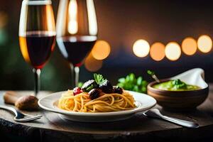 spaghetti and wine on a table. AI-Generated photo