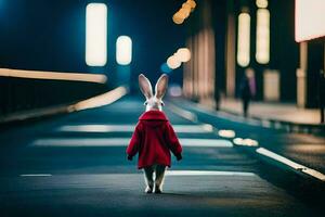 un Conejo vistiendo un rojo Saco caminando abajo un calle a noche. generado por ai foto