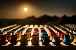 a row of colorful cups on a table in front of a sunset. AI-Generated photo