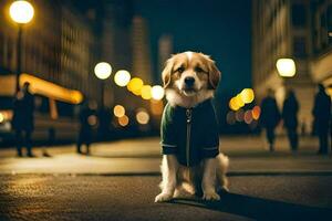 a dog wearing a jacket on the street at night. AI-Generated photo