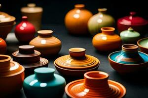 a collection of colorful ceramic vases. AI-Generated photo