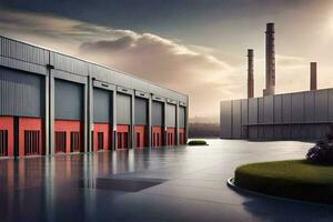 a large industrial building with red doors. AI-Generated photo