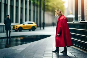 a cat wearing a red coat and walking down a street. AI-Generated photo