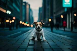 a dog sitting on the street in a city. AI-Generated photo