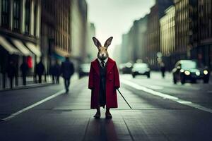 a rabbit dressed in a red coat and tie standing on a street. AI-Generated photo