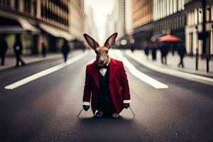 un Conejo vestido en un traje y Corbata se sienta en el calle. generado por ai foto