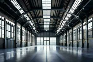 an empty warehouse with large windows and a large door. AI-Generated photo