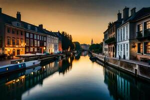 the sun sets over a canal in bruges, belgium. AI-Generated photo