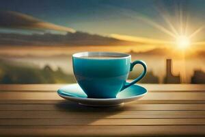 café taza en el mesa, amanecer, ciudad, paisaje, hd fondo de pantalla. generado por ai foto