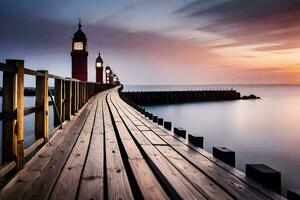 a pier with a clock tower at sunset. AI-Generated photo