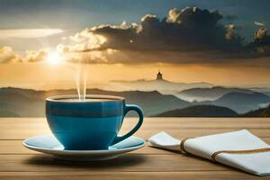 a cup of coffee on a wooden table with a view of the sunrise. AI-Generated photo