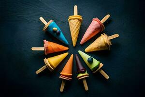 colorful ice cream cones arranged in a circle on a dark background. AI-Generated photo