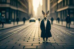 a rabbit wearing a suit and tie standing on a street. AI-Generated photo