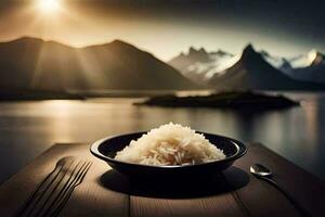 a bowl of rice on a table with a mountain in the background. AI-Generated photo