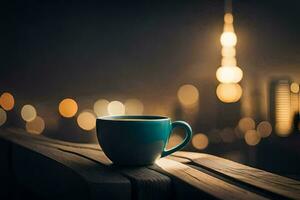 a cup of coffee on a wooden table in front of a cityscape at night. AI-Generated photo