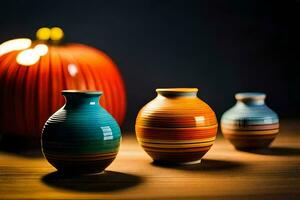 three colorful vases sit on a table in front of a pumpkin. AI-Generated photo