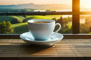 a cup of coffee on a wooden table in front of a window. AI-Generated photo