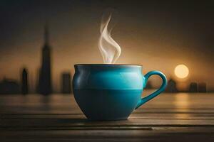 un azul taza de café en un mesa con un ciudad en el antecedentes. generado por ai foto