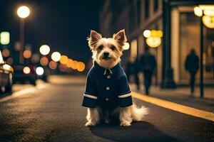 a small dog in a blue jacket standing on the street at night. AI-Generated photo