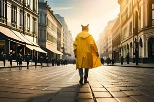 un mujer en amarillo impermeable caminando abajo un calle. generado por ai foto