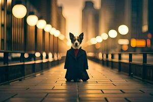 a dog in a coat standing on a bridge. AI-Generated photo