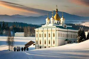 a church in the snow with people walking by. AI-Generated photo