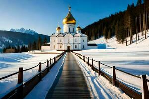 a church in the snow with a golden dome. AI-Generated photo