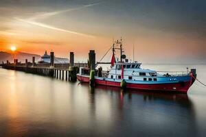 a red boat docked at the pier at sunset. AI-Generated photo