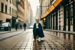 a cat in a coat standing on a street. AI-Generated photo