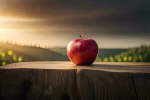 an apple sits on top of a wooden stump. AI-Generated photo