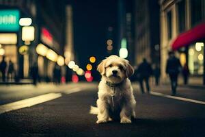 a dog sitting on the street at night. AI-Generated photo