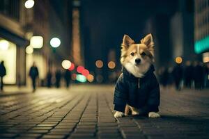 un perro vistiendo un chaqueta en un calle a noche. generado por ai foto