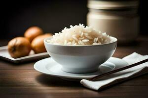 a bowl of rice with chopsticks and a spoon on a table. AI-Generated photo