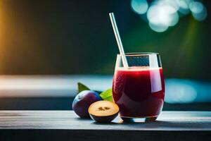 plum juice in a glass on a wooden table. AI-Generated photo